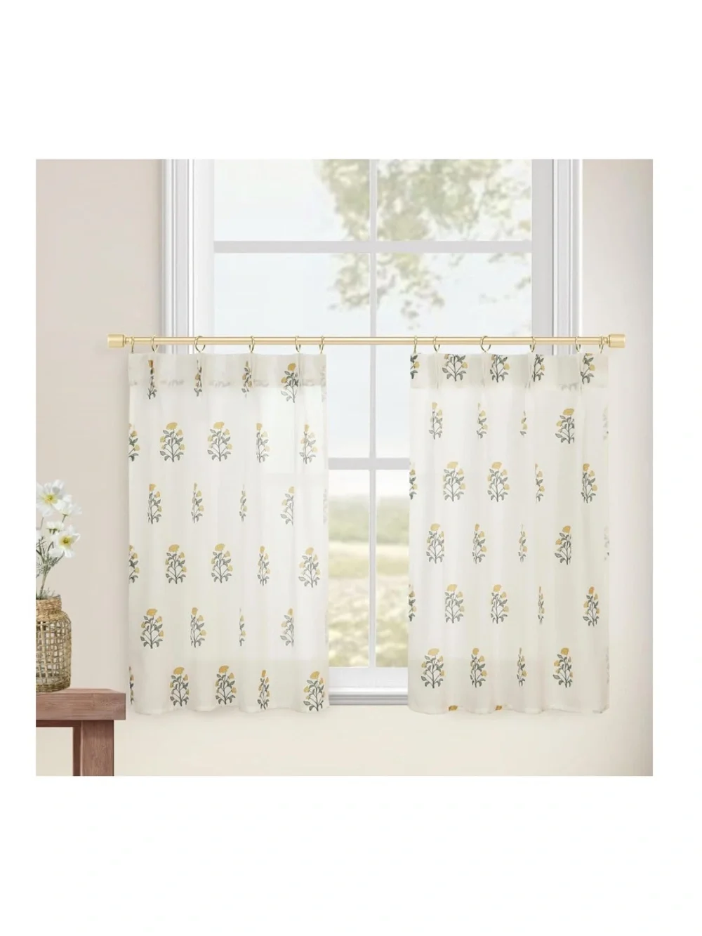 Sunflower Block Print Linen Sheer Mini Curtains 24x18” (2-panels)